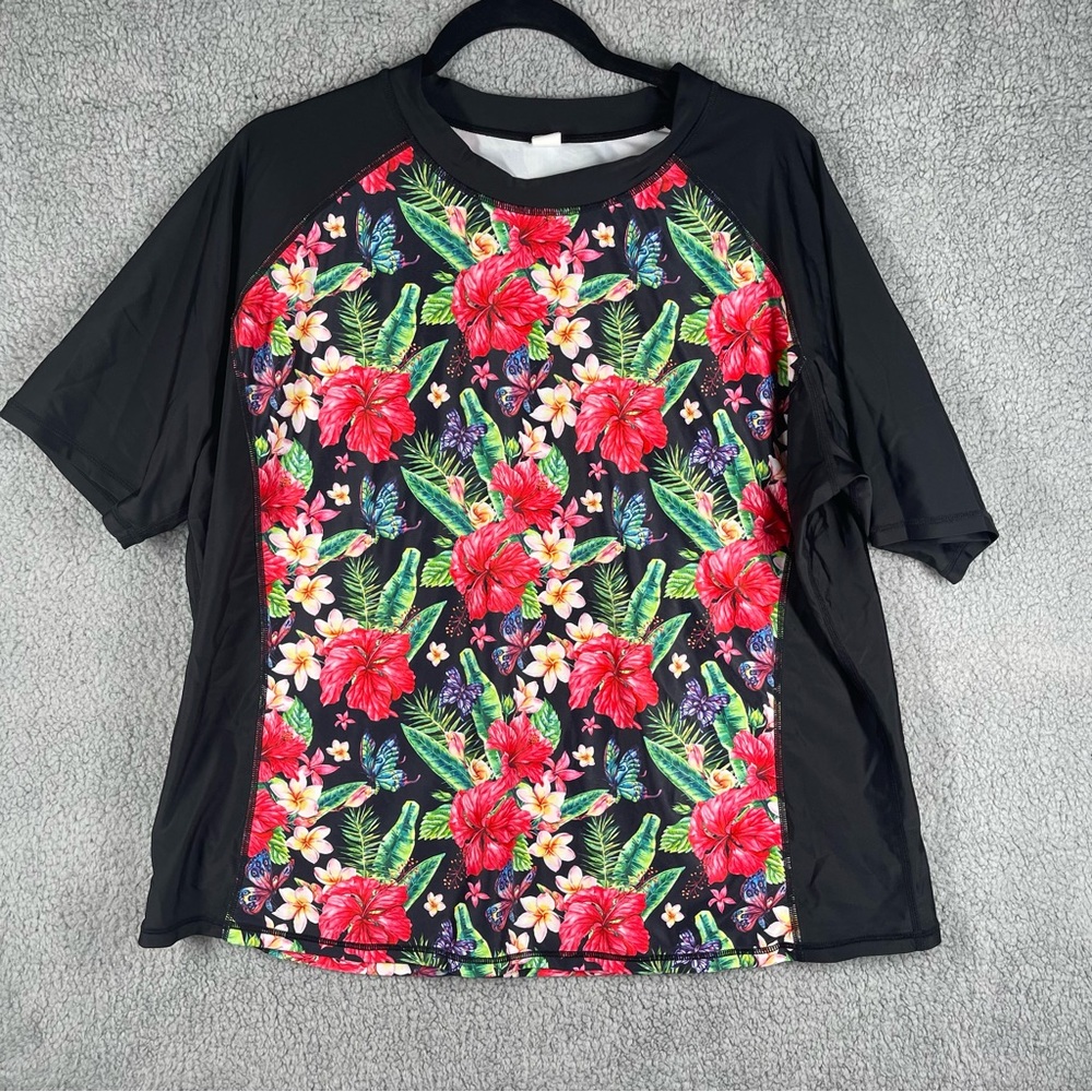 Unbranded Swim Shirt 1X Black Pink Floral Stretch Hawaiian